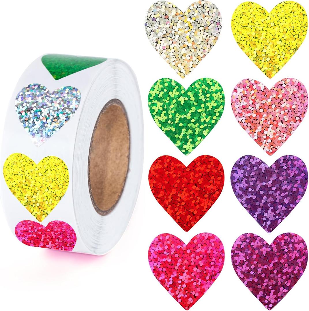 Anwyll Heart Stickers - 500Pcs 1Inch Valentines Day Heart Stickers Glitter Colored Heart Shape Sticker for Reward Classroom Self Adhesive Love Incentive Sticker for Envelope Seal Card Birthday Wedding