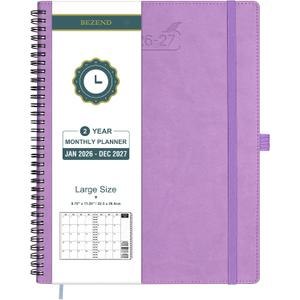 BEZEND Monthly Planner 2026-2027, 2-Year Calendar (8.5"x11") 120GSM Paper | 24 Months Agenda & Note Pages (Jan 26-Dec 27) Laminated Tab, 2 Storage Pockets, Office/Home, PU Leather Softcover, Lavender