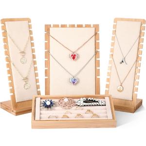 Henoyso 4 Pcs Necklace Display Stand Bamboo Jewelry Display Board Ring Organizer Holder Jewelry Storage Tray for Home Vendors