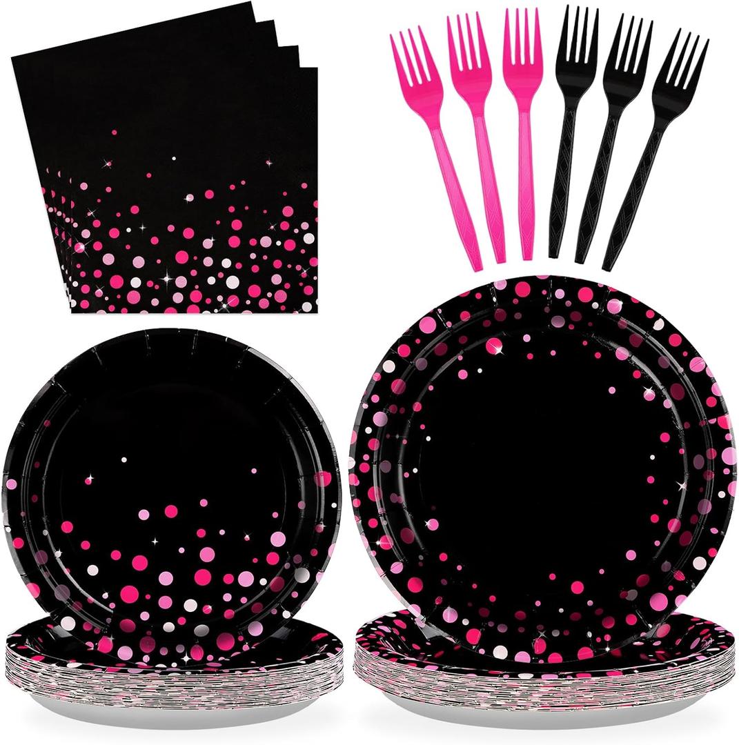 96Pcs Hot Pink and Black Party Supplies Black and Pink Birthday Plates and Napkins Tableware Sets Girls Night Party Decoration for Bachelorette Pajama Wedding Bridal Baby Shower Decorations Serves 24