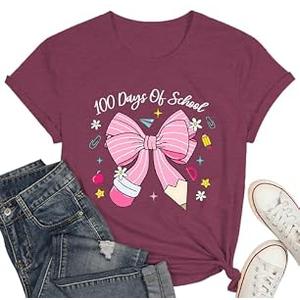 100 Days of School Shirt for Women-Happy 100th Days T-Shirt-Bow Pencil Teacher Top Tee Back to School Teaching Life Tee Red, L