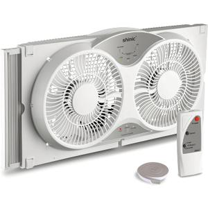 shinic 9" Twin Window Fan with Remote Control,Reversible Airflow,Removable Cover,3 Speeds, 3 Modes, Expandable Panels (From 24" to 37"),ETL Certified, White