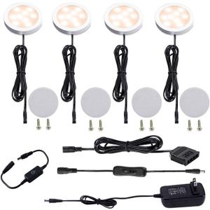 AIBOO Under Cabinet LED Puck Lights Kit with Touch Dimming Switch for Ambiance Atmosphere Night Lighting (4 Lights,Warm White)
