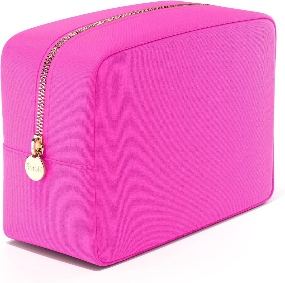 Embla Makeup Bag Travel Cosmetics Pouch and Toiletry Bag, Nylon Zipper Pouch Purse, Cute Make Up Organizer Storage Tote for Women Girls, Travel Skincare Case, Large Makeup Bags, Bubblegum