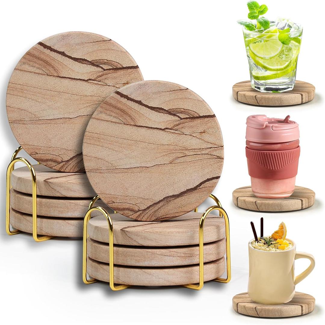 Natural Sandstone Coasters Set of 8 with Holder, 4 in Dia Drink Coasters for Coffee Table, Water Absorbent & Heat Resistant Cup Coaster for Home & Office, Christmas Birthday Gift