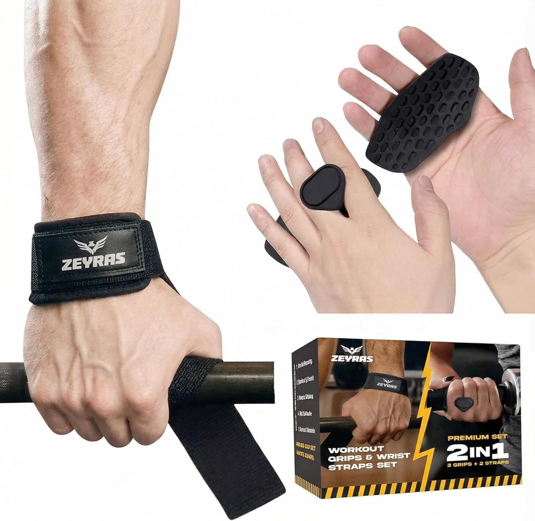 2-in-1 Wrist Straps for Weightlifting with Anti-Slip Hand Grips, Gym Lifting Straps with 60 cm Cotton Support, Padded Durable Design, Wrist Lifting Straps Gloves Alternative