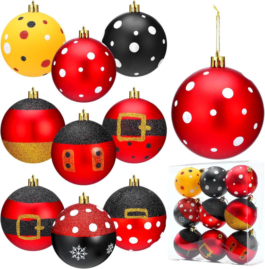 Soulchen 9 Pcs 3 Inch Christmas Ball Ornaments Mouse Plastic Ball Tree Ornaments Hanging Cartoon Mouse Christmas Tree for Xmas Trees Holiday Party Decor