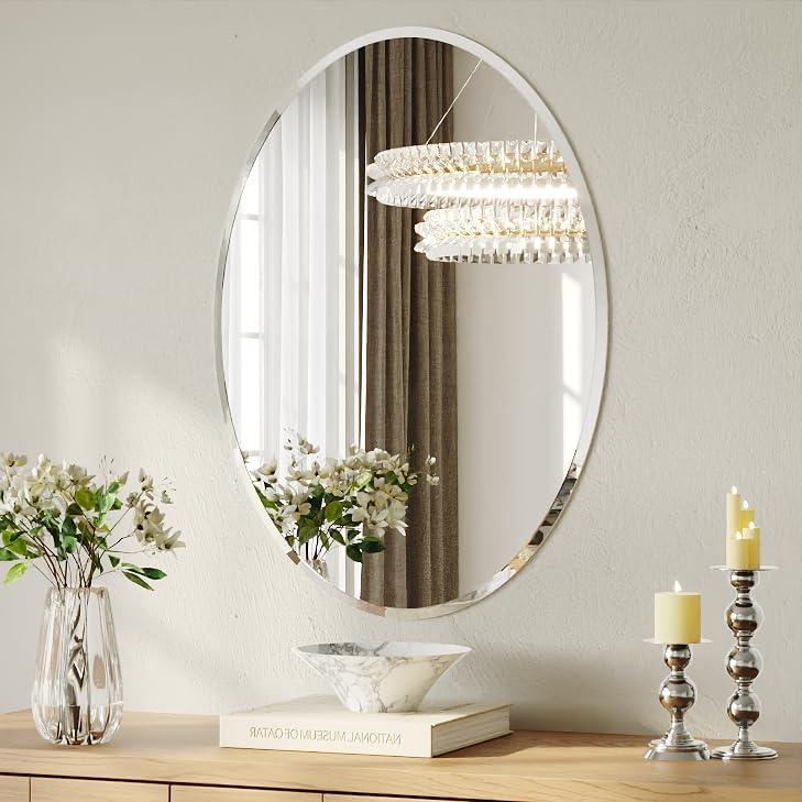 Frameless Oval Bathroom Wall Mirror, 20"x28" Wall Mirror with 15mm Beveled Edge, Tempered Glass, Farmhouse Small Mirror for Over Sink, Bedroom, Entryway (Horizontal or Vertical)