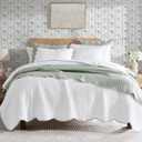 WDCOZY White Oversized California King Size Quilt Bedding Set, Cal King Scalloped Farmhouse Country Rustic Lightweight Soft Coverlet for All Season, Cute Cozy Kantha Pick Stitch Bedspread (White With Blue Edge Blue Stitching)