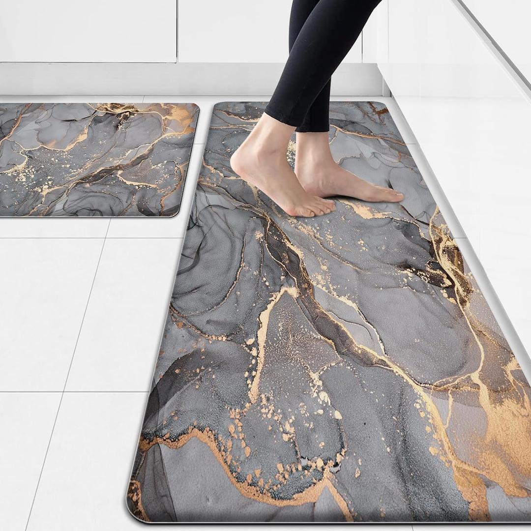 Kitchen Mat Anti Fatigue Cushioned Set of 2 Grey Kitchen Rugs Non Slip Waterproof Kitchen Floor Mats Gold Kitchen Accessories and Decor Comfort Memory Foam Kitchen Mats for Floor Laundry Room (Grey)