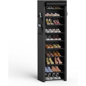 VTRIN Vertical Narrow Shoe Rack Organizer Tall Shoe Rack for Closet Entryway 10 Tier Non-Woven Cover Shoe Shelf Holds 20-22 Pairs Free Standing Shoe Storage Cabinet with Dustproof Cover, Black