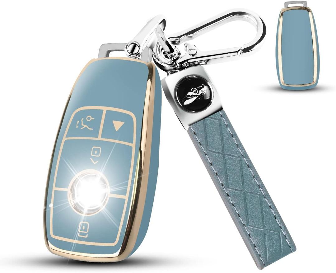 QBUC for Mercedes Benz Key fob Cover, TPU Car Key Case Protector with leather Keychain Compatible with Mercedes-Benz 2017-2021 E-Class S-Class 2019-2023 A-Class C-Class G-Class,Blue