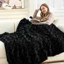 Cozy Bliss Faux Fur Throw Blanket for Couch, Fuzzy Soft Plush Thick Warm Fluffy Reversible Wave Textured Blanket for Sofa Bedroom Living Room, 55 * 70 Inches Black