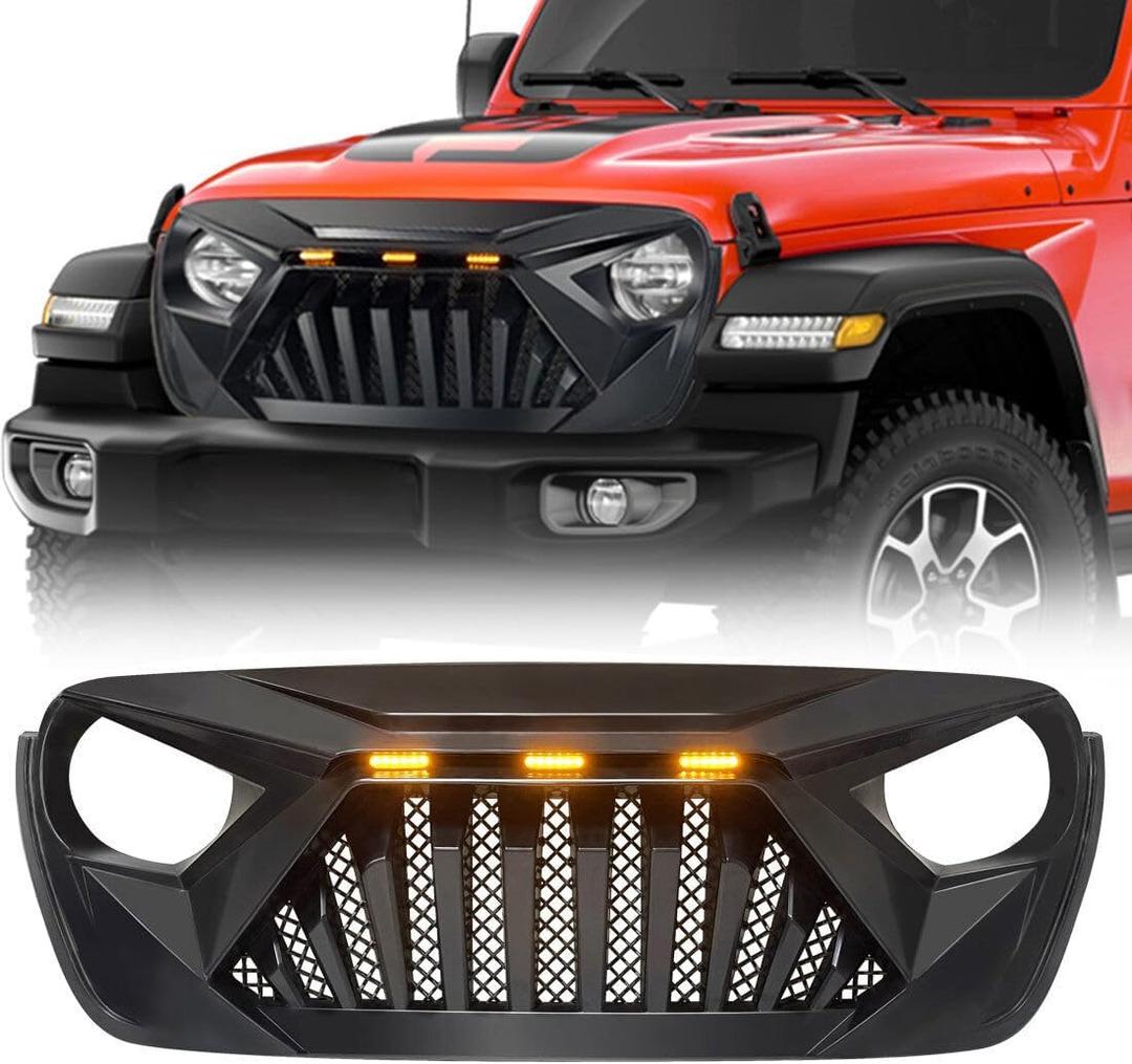 EOMD Front Grill Goliath Grille compatible with 2018-2025 Jeep Wrangler JL & 2020-2025 Gladiator JT, w/Amber LED Lights, ABS (Matte Black)
