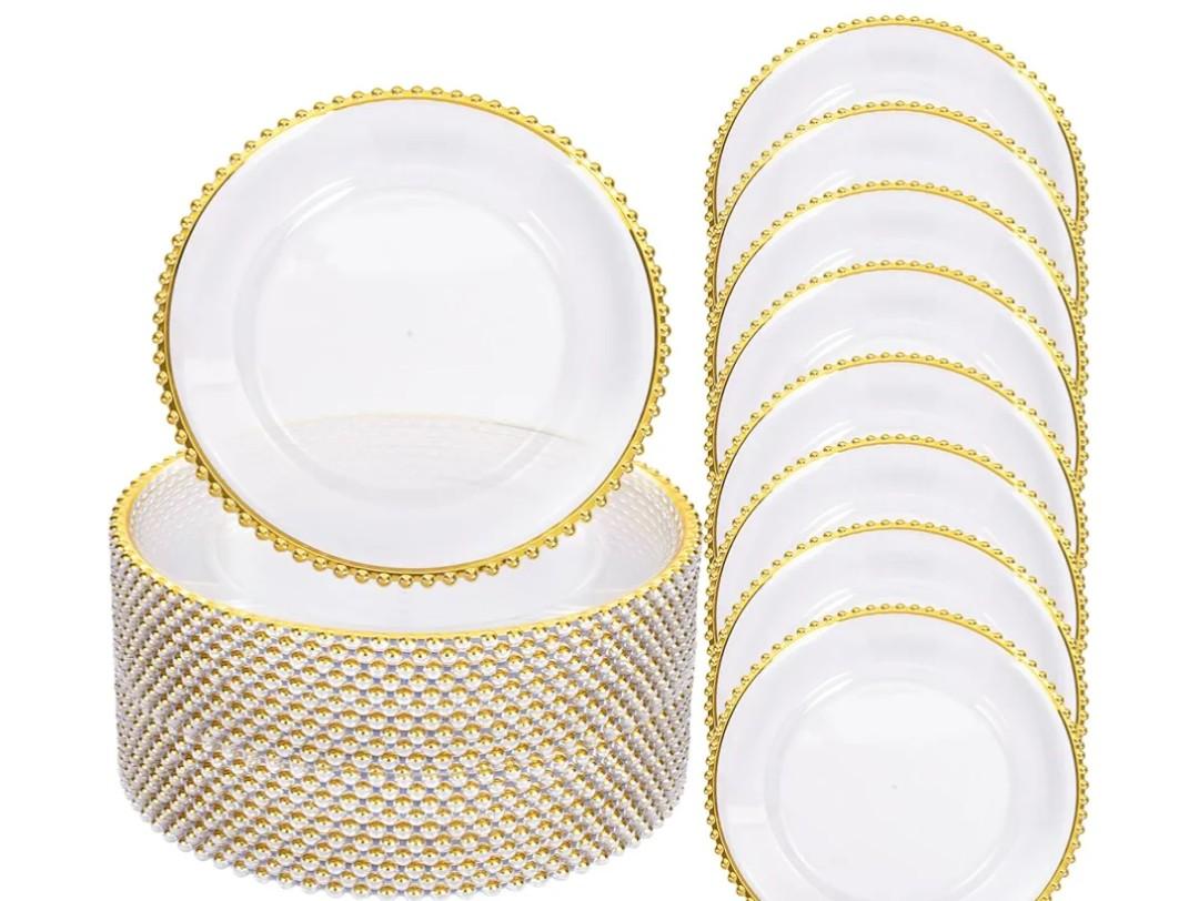 EI 13 Inch Gold Charger Plate,50pcs Clear Charger Plates with Gold Rim,Disposable Chargers Plate,Plastic Chargers Plates for Dinne Family Party and Wedding