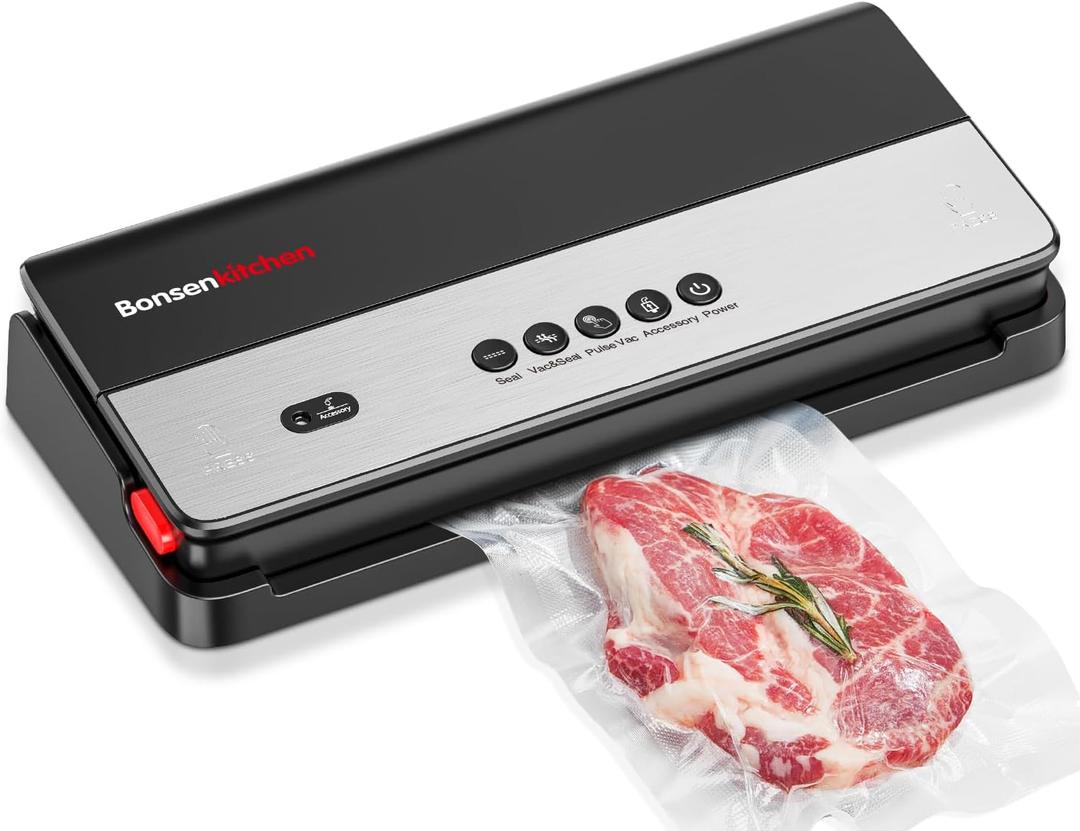 Bonsenkitchen Vacuum Sealer Machine, Multi-Functional Food Sealer, Globefish Technology for High-Speed Continuous Working, Built-in Cutter & Bag Storage, Include 5 Vacuum Bags & 1 Roll Bag (Black Silver)
