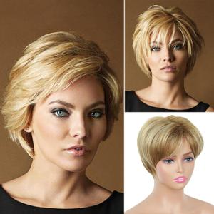 Short Hair Pixie Wig - Mix Blonde, Straight Cut With Bangs, Synthetic, Realistic for White Women