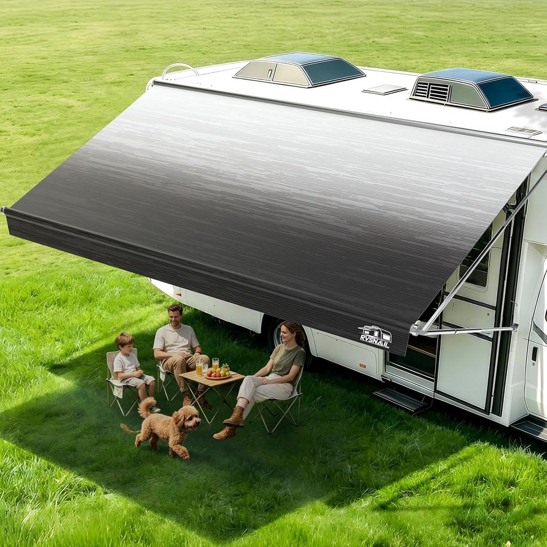 RV Awning Fabric Replacement 23'2"– 19.5oz Heavy Duty Vinyl Camper Awning, Waterproof & UV-Resistant Universal Canopy for RV, Motorhome, Trailer (Black Fade, 24FT)