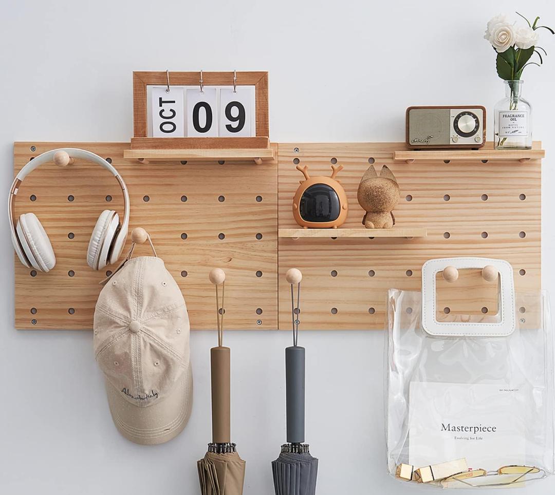 Wood Pegboard Combination Wall Organizer Kit, Wooden Display Pegboard Panel Kits for Bedroom, Study, Office, Bathroom, 2 Pieces Pegboards and 15 Accessories