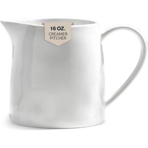 Ceramics Creamer Pitcher - 16 OZ Porcelain Coffee Creamer Pitcher with Handle, Funny Milk Pourer for Home Kitchen Coffee Bar, White (Modern)
