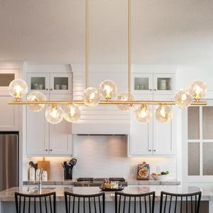 Linear Chandeliers for Dining Room 51" Gold Linear Pendant Light with Clear Swirled Globe Dining Chandeliers Over Table Rectangular Chandelier for Dining Room Kitchen Island, Copper Brass, 11 Light