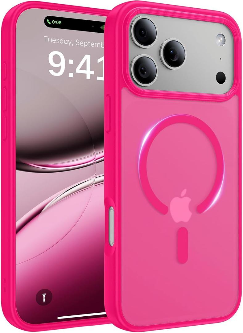 2 x Magnetic for iPhone 17 Pro Max Case, [Anti-Slip] [Military-Grade Drop Protection] [Camera Protection] Skin-Friendly Slim Matte Shockproof Protective Case for iPhone 17 Pro Max, Hot Pink