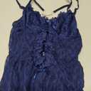 SHENHE Women's Lace Babydoll Chemise Open Front Slit Mesh Slip Dress Sexy Long Nightgown Dark Blue, Small