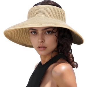 Sun Hats for Women Wide Brim Beach Hat Packable Foldable Visor Women's Summer UV Protection Straw Fashionable Ponytail (Beige)