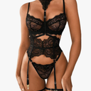 Kaei&Shi Garter Lingerie Set for Women, Sexy Floral Lace, Strappy High Waisted Hide Belly, 4 Piece with Exotic Choker Belt Large