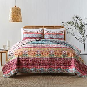 Boho Style Queen Quilt Set Reversible Bohemian Floral Strip Quilt Bedding Set, Soft and Lightweight Bedspread for All Season, Full Size Bed Coverlet with 2 Matching Pillow Shams (3 Pieces)