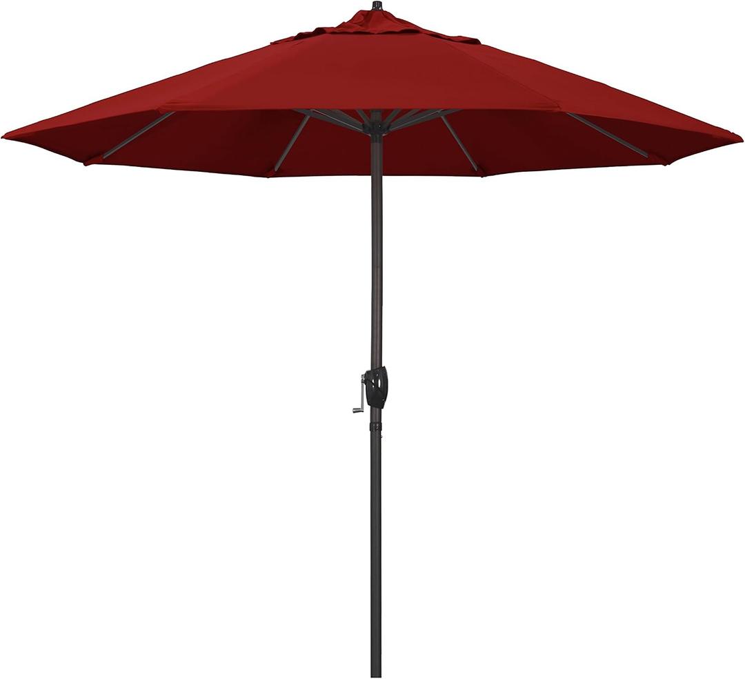 California Umbrella 9' Rd Sunbrella Aluminum Patio Umbrella, Crank Lift, Auto Tilt, Bronze Pole, Jockey Red