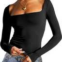 Dwnval Women's Sexy Long Sleeve Crop Top Square Neck Double Lined Basic Slim Fit T Shirt , Size S