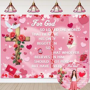 Valentine's Day Christian Backdrop for God John 3:16 Happy Valentines Day Banner Background 7x5FT Christian Valentines Day Decorations for School Classroom