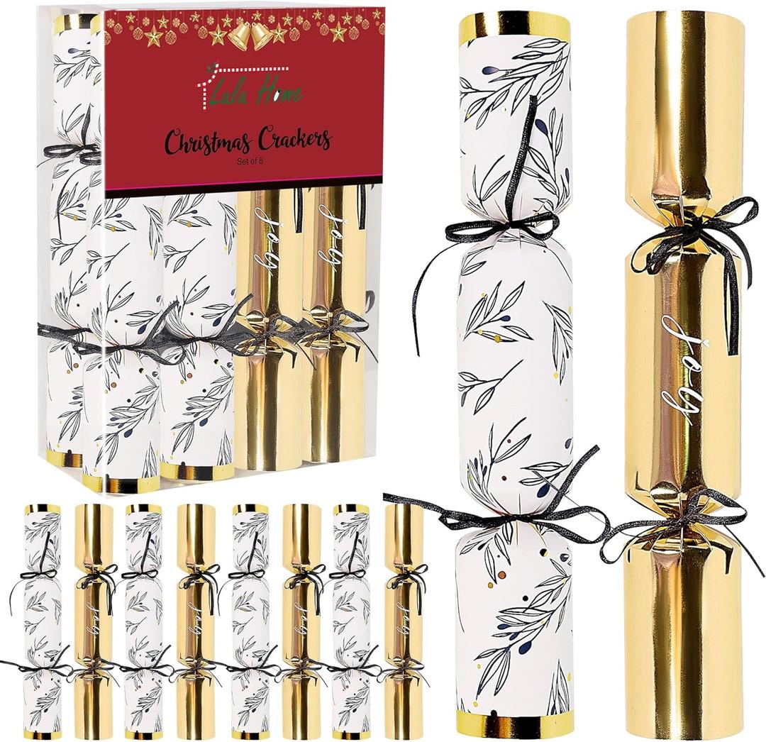 Lulu Home 8 Packs Non-Snap Christmas Crackers Set, Xmas Gift Box Kit for Party Dinner Game Traditions, Each 10.6" H x 1.9" Dia, Golden & Silver Patterned
