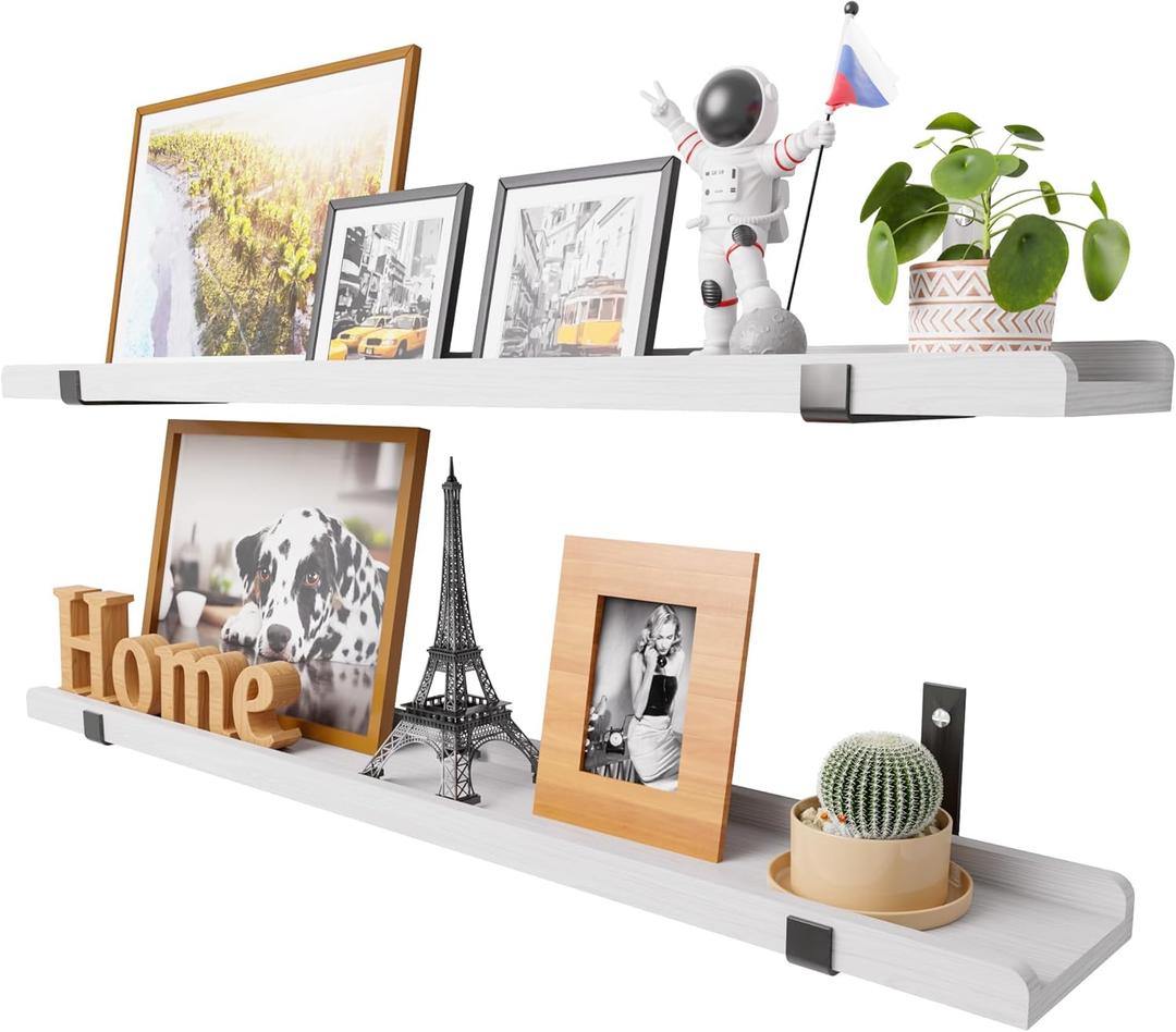Natural Wood Floating Shelves with Lip, 40 Inch Long White Floating Wall Shelves with Metal Bracket, Set of 2 Picture Ledge Shelf Wall Mounted Shelves for Living Room, Bedroom and Kitchen.