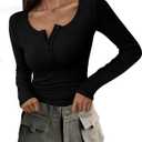 PRETTYGARDEN Women's 2026 Fall Long Sleeve Henley T Shirts Button Ribbed Knit Slim Fit Basic Tops Blouse Casual Outfits (X-Large, Black)