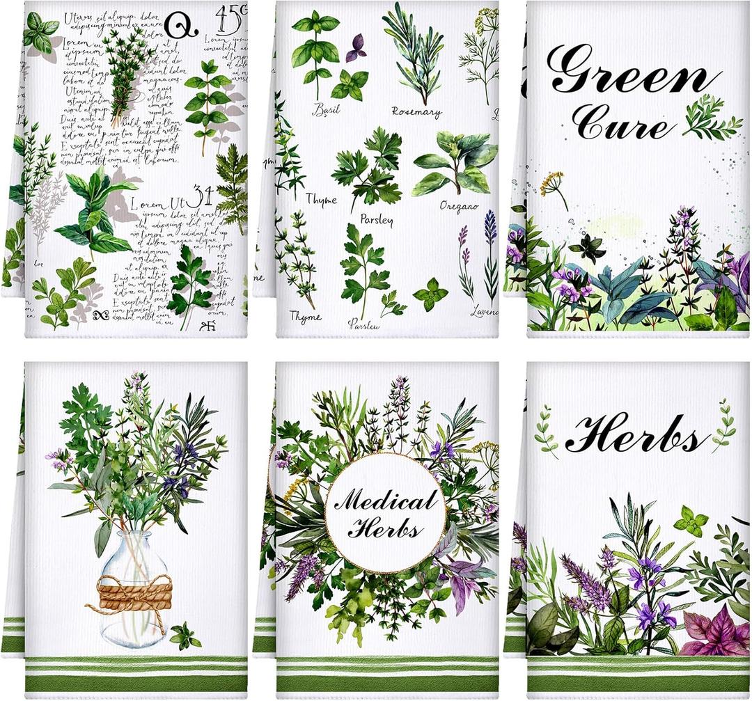 FuWeave 6 Pcs Herb Kitchen Towels Dish Hand Tea Towels Kit Printed with Green Herbs Leaves Decorative Kitchen Dish Cloths Gifts for Farmhouse Baking Cooking Bar Bathroom Home Decor, 16x24 Inch