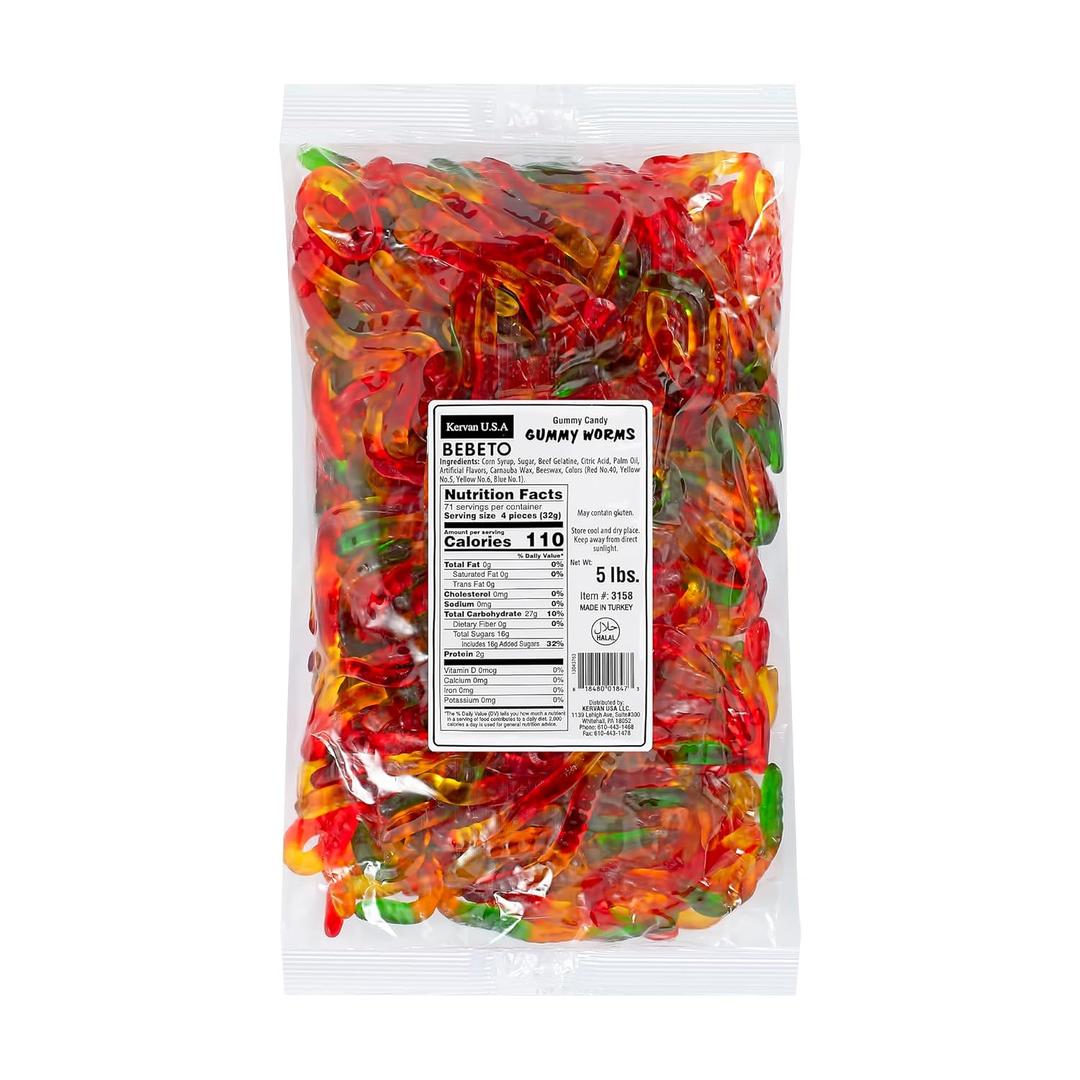 Kervan Candy Bebeto Gummy Worms - Fruity, Soft & Sweet Gummy Candy Bulk for Kids, Gift Snacks and Parties - Classic Worms Gummies Big Party Size Bag (5 lbs), BB 08/10/26
