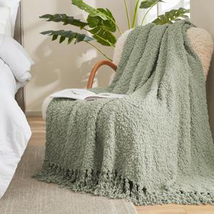 Amlie Home Knit Throw Blanket with Tassels for Couch, Luxury Boho Throw Blanket for Summer Sage Green, 50"x60"