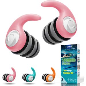 Waterproof Swimming Ear Plugs for Adults - 3 Pairs of Reusable Soft Silicone Swim Earplugs,Perfect for Surfing, Diving,Pool,Showering and Other Water Sports - Keep Water Out and Ear Protection (Pink, Sky Blue, Orange)