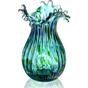 Green Glass Bubble Vase for Flowers, 8.5" Blown Glass Vase for Home Decor, Modern Art Flower Vases Decorative | Table Centerpiece, Olive Plant, Wedding, Living Room, Bookshelf, Office, Entryway