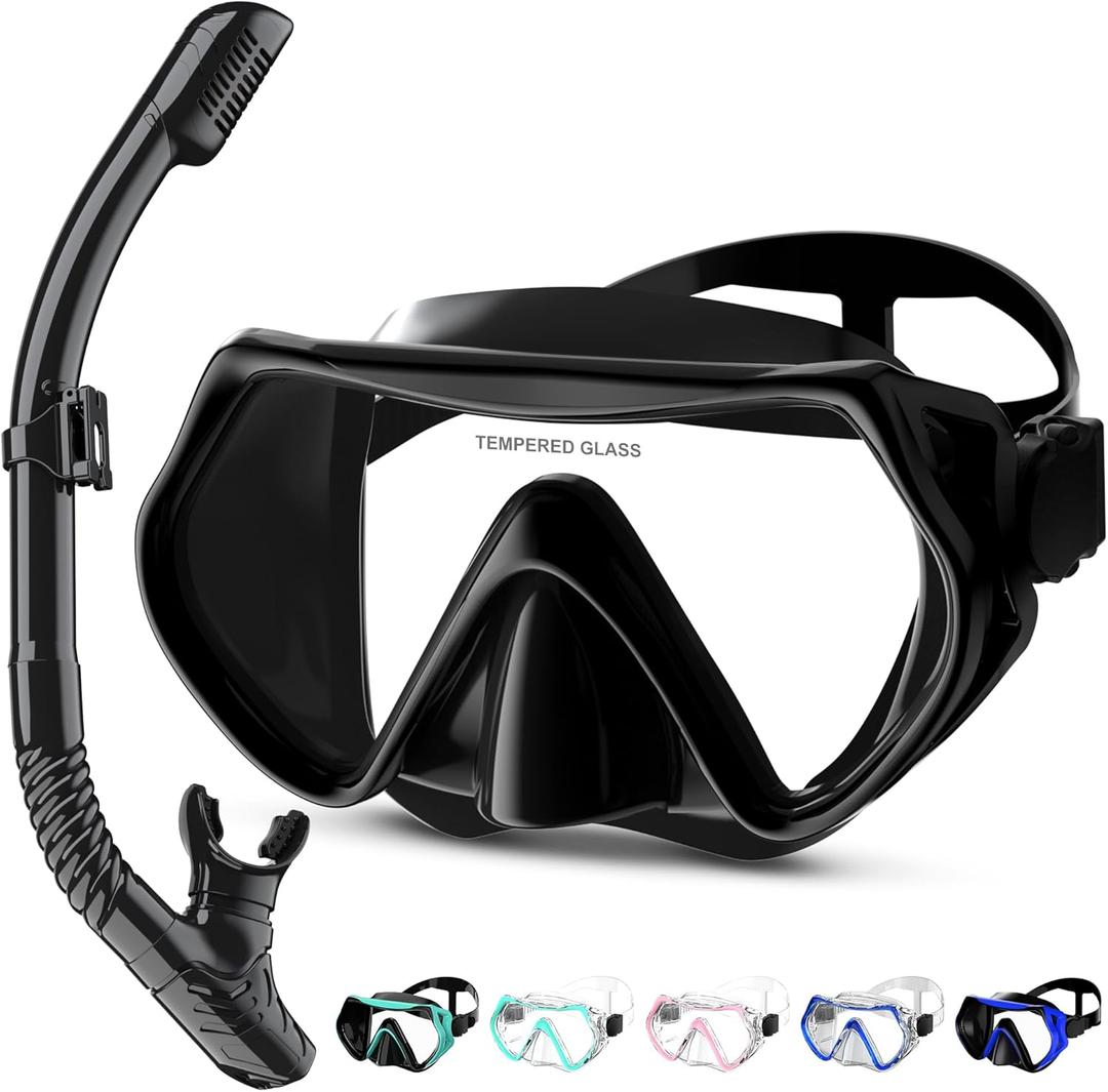 Snorkeling Gear, Dry Snorkel Set180 Panoramic Wide View,Anti-Fog Scuba Diving Mask, Professional Snorkeling Gear for Free Breathing, Swimming, Diving (Adults, Black)