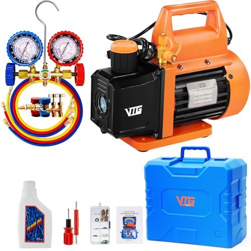 VTG VOGTEN 4.5 CFM AC Vacuum Pump and Gauge Set,for Mini Split/HVAC/Auto Systems,Manifold Gauge Kit Compatible with R134a R12 R22 R502,Includes 3 Hoses, 2 R134a Can Tap,Upgraded Trifold Storage Case