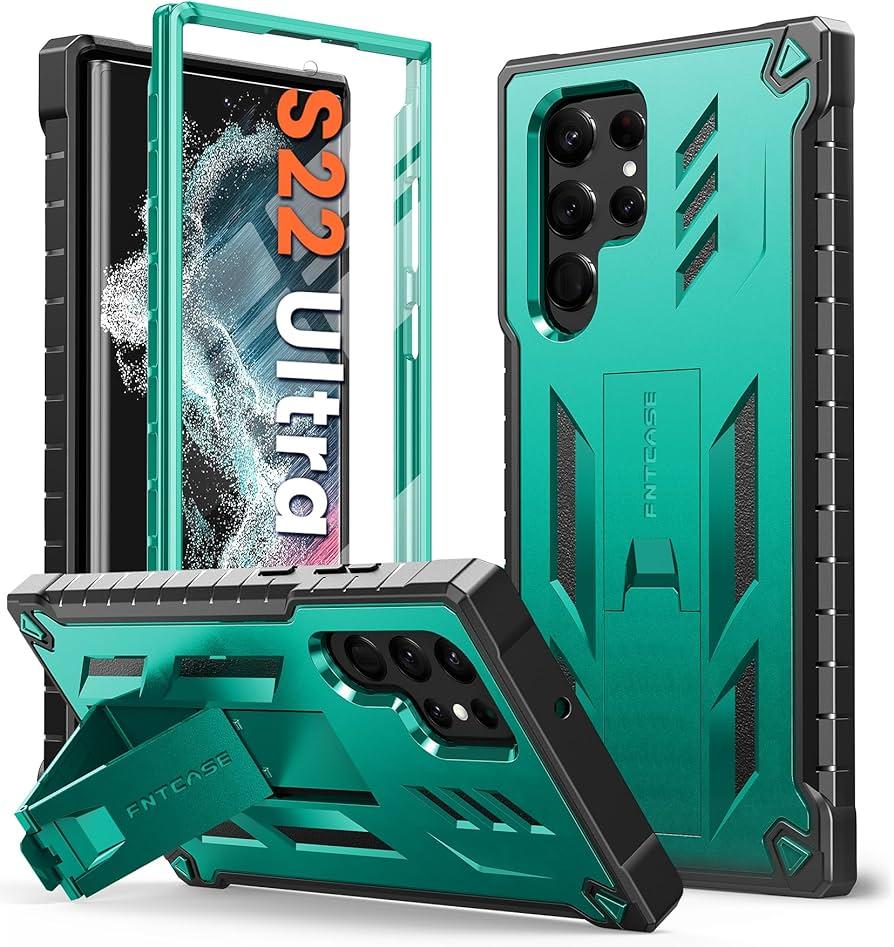 FNTCASE for Samsung Galaxy S22 Ultra Case: Built-in Screen Protector & Kickstand Full-Body Dual Layer Rugged Military Grade Shockproof Protection Heavy Duty Protective Phone Cover 5G-Green