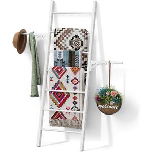 Metal Blanket Ladder, 7-Tier Towel Rack with Ajustable Side Rack, Blanket Rack Stand for Living Room, Bathroom, Quilt Display Ladder Shelf, Farmhouse White