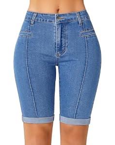 roswear Women's Jean Shorts Stretchy Skinny Knee Length Bermuda Shorts with Front Seam Indigo494 Blue Medium