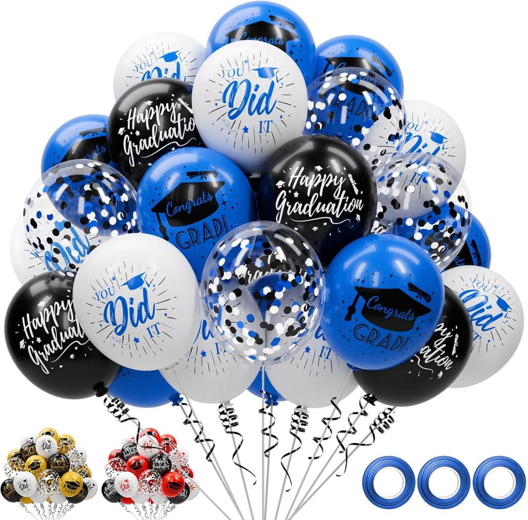 78 Pack Blue and Black Graduation Balloons Class of 2026 Graduation Decorations - 12 Inch Royal Blue White Congrats Grad Balloons with Ribbons, 2026 Grad Party Decorations for College, High School