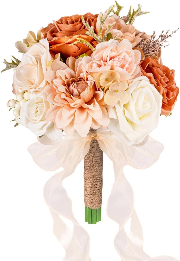 Wedding Bouquets for Bride Bridesmaid,Terracotta Burnt Orange Bouquet Artificial Fake Silk Roses Flowers Bridal Bouquet for Wedding Fall Boho Rustic Church Decoration Toss Bouquet (8.6in(M))