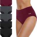 coskefy Women's High Waisted Cotton Underwear Soft Breathable Panties Stretch Briefs Ladies Panties 5 Pack (Large, 2black+2grey+1wine Red)