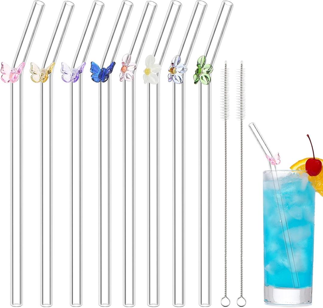 8 Pcs Reusable Glass Straws with Flower Butterfly Glass Clear Shatter Resistant Bent Colorful Floral Cute Reusable Straws with 2 Pcs Brush for Party Drink Cocktail